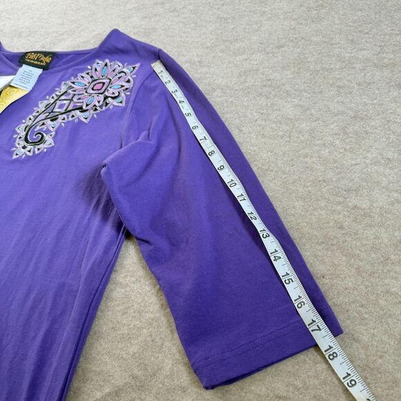 Bob Mackie Purple 3D Embroidered Paisley 3/4 Sleeve Top NEW Women’s M Artsy Boho - Picture 7 of 8